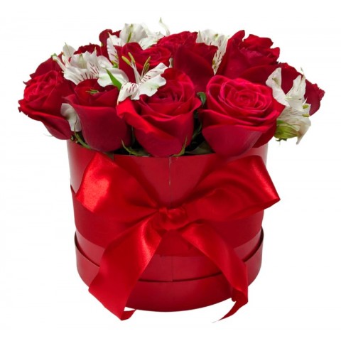 Arranjo na Caixa com 18 Rosas e Astromélias